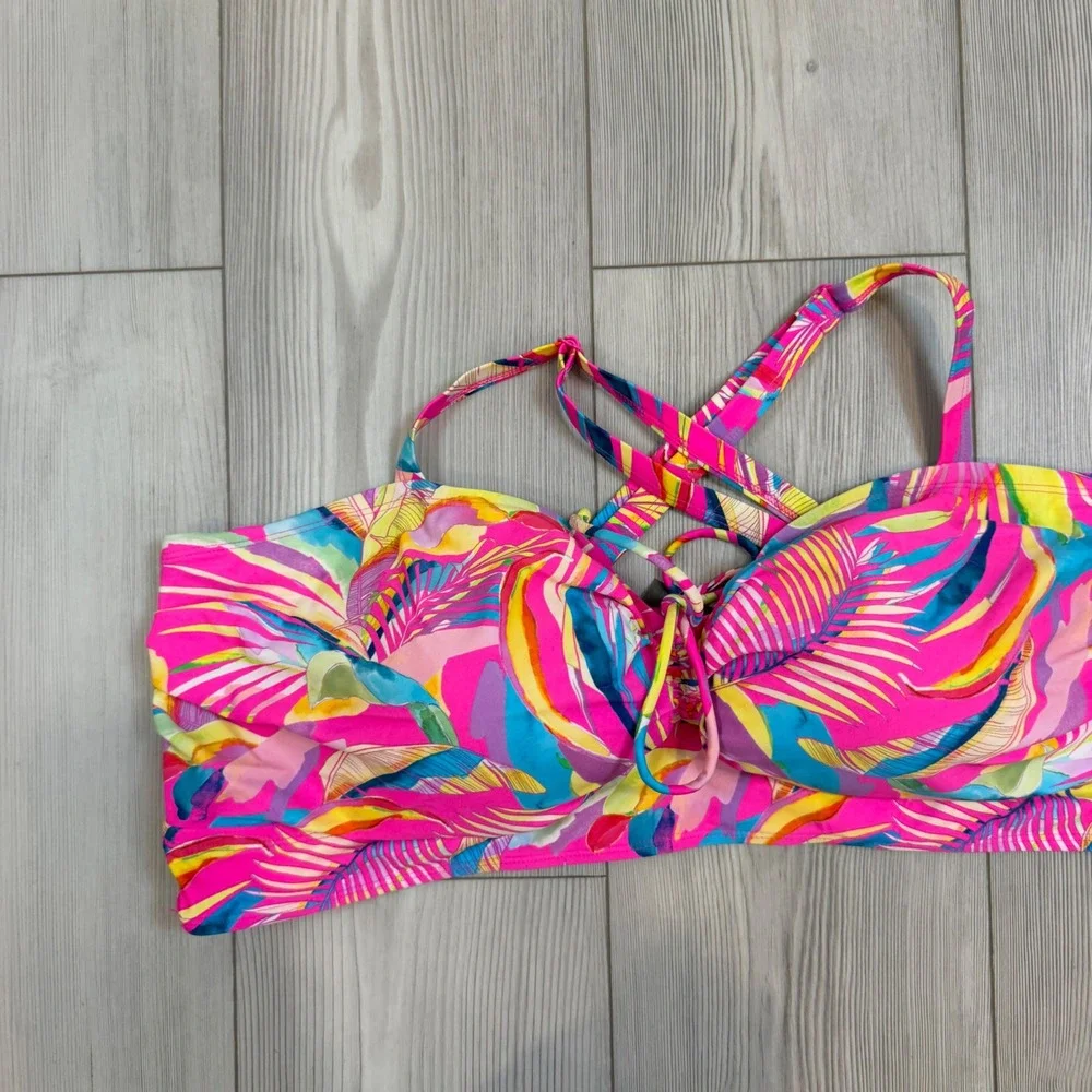 Torrid Tropical Palm Print Lace Up Wireless Bikini Top Pink Multi Size 4